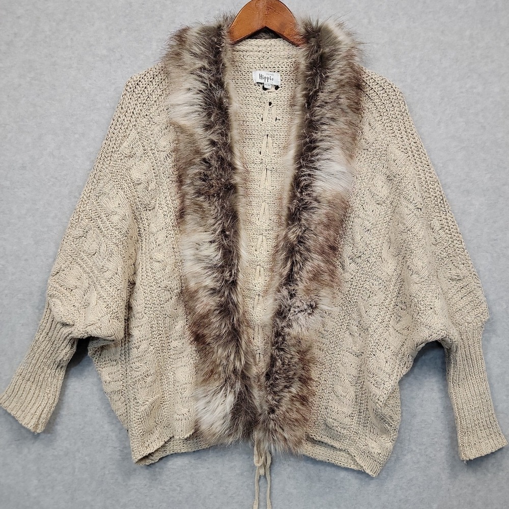 Military Hippie Cotton Blend Cocoon Cardigan Sweater Faux Fur Trim One Sz Beige